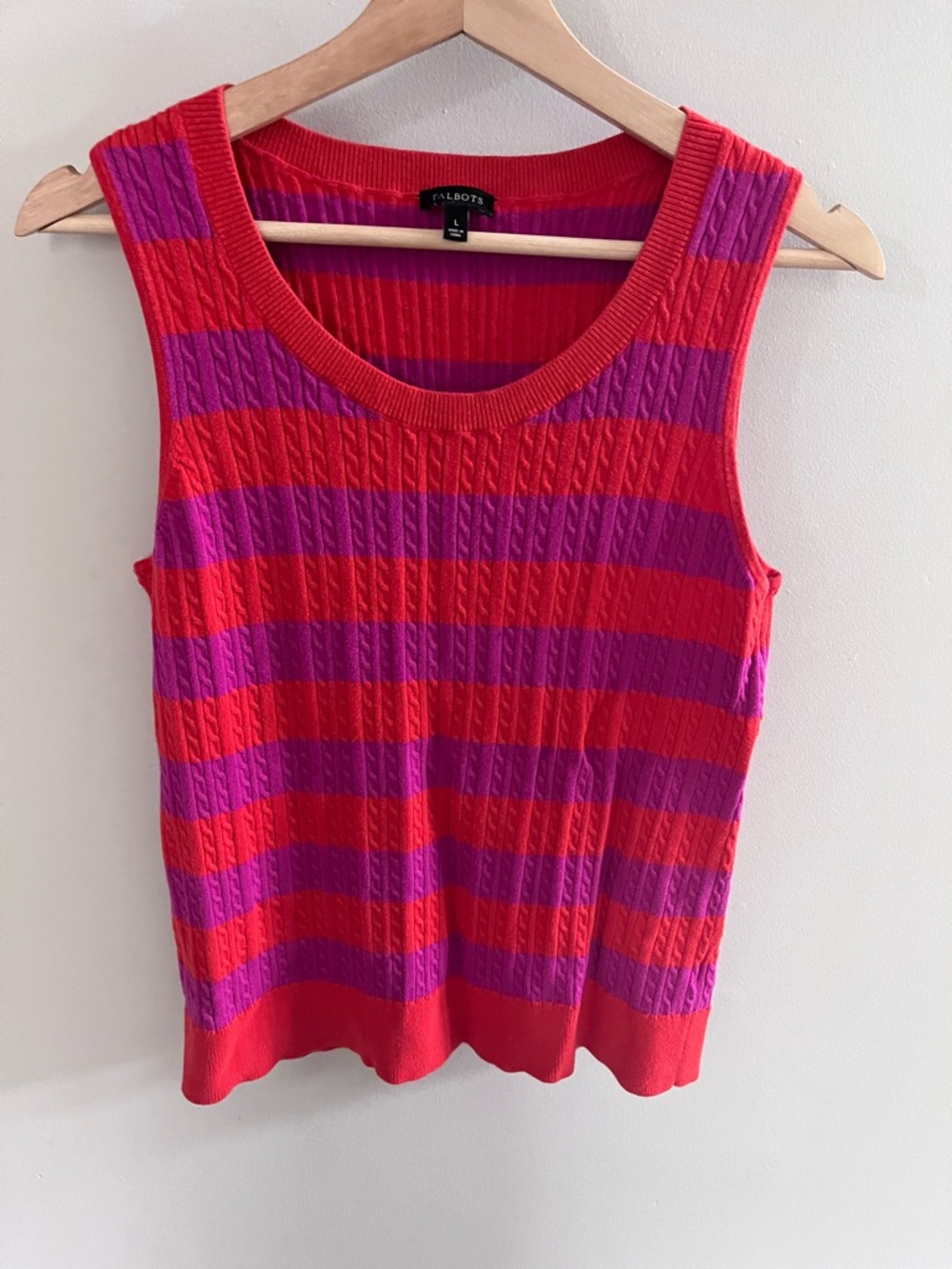 Talbots Red Purple Striped Cable Knit Sleeveless Sweater Vest Top Large